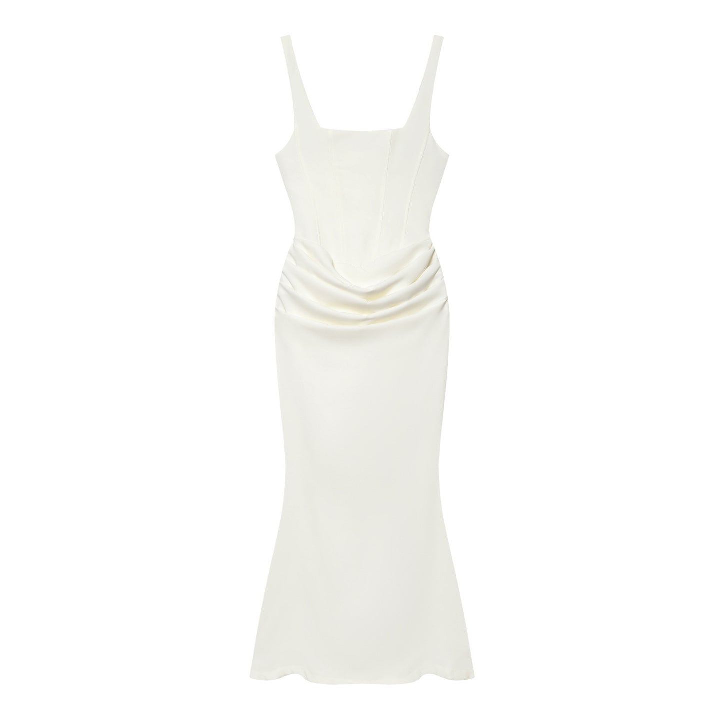 Vestido largo ajustado, sin mangas y con espalda descubierta, con bajo en forma de cola de sirena.