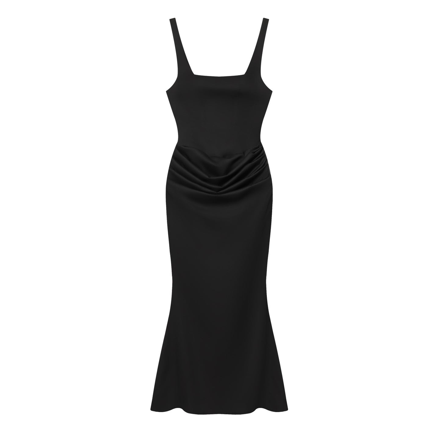 Vestido largo ajustado, sin mangas y con espalda descubierta, con bajo en forma de cola de sirena.