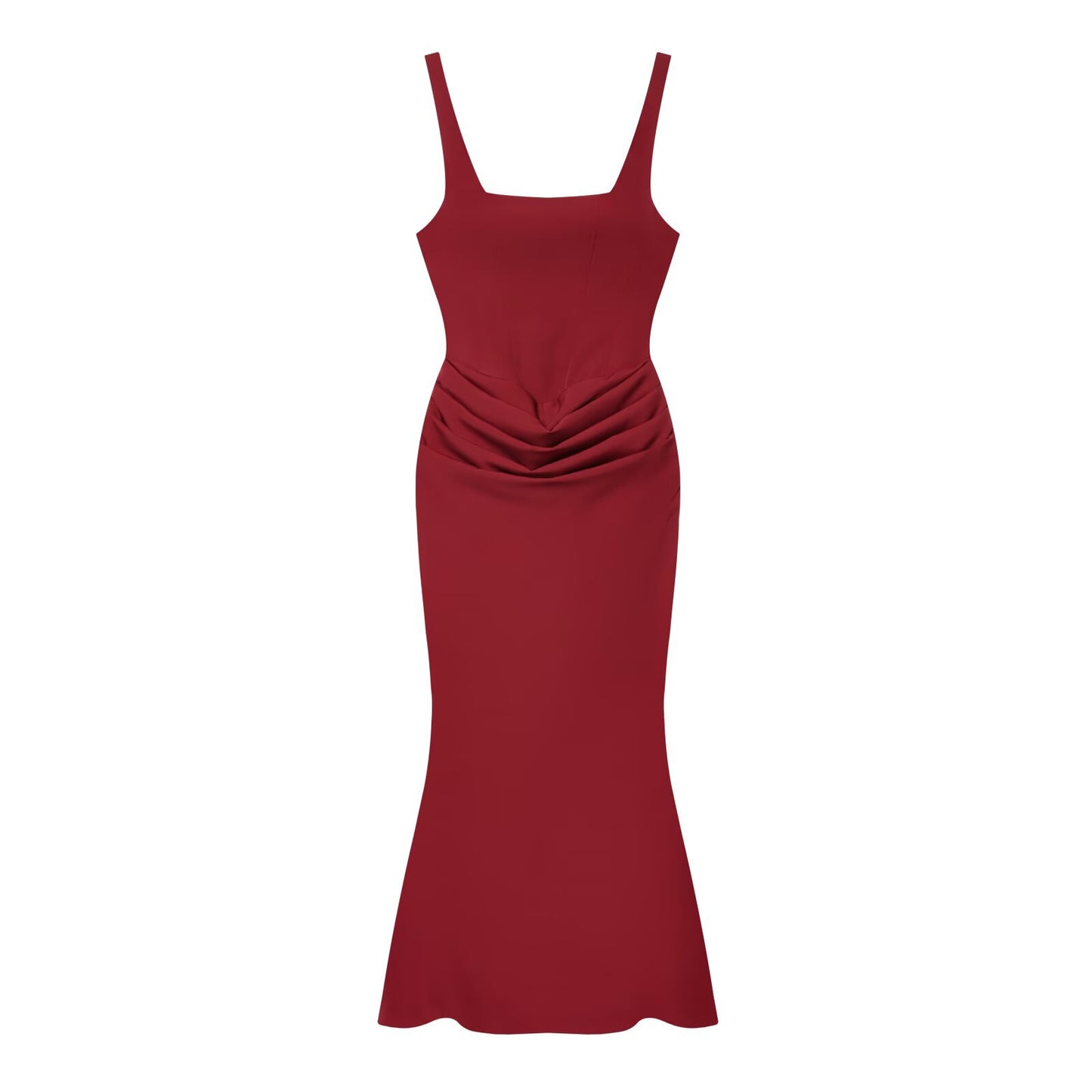 Vestido largo ajustado, sin mangas y con espalda descubierta, con bajo en forma de cola de sirena.