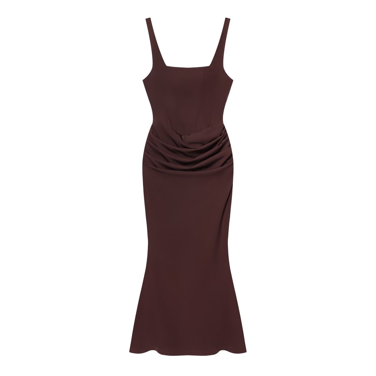 Vestido largo ajustado, sin mangas y con espalda descubierta, con bajo en forma de cola de sirena.