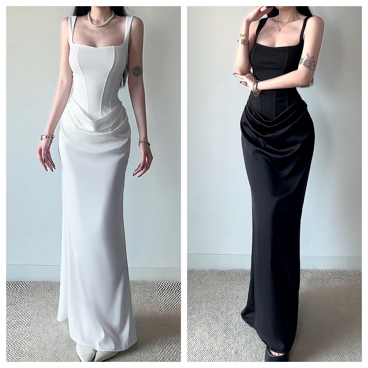 Vestido largo ajustado, sin mangas y con espalda descubierta, con bajo en forma de cola de sirena.